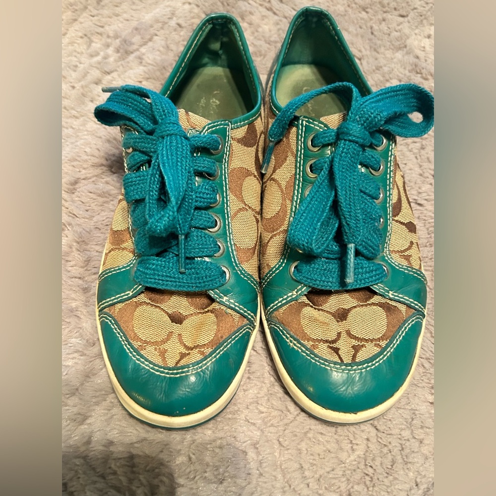 Coach Brodi Khaki Teal Blue Signature Patent Leather Jacquard Women Sneakers 8.5